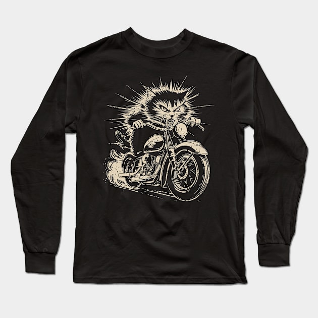 Motorcycle Cat Long Sleeve T-Shirt by Ikibrai